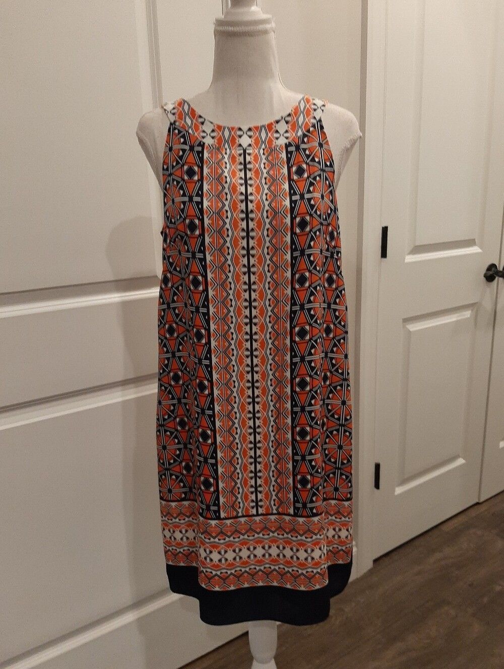 London Times Size 8 Geometric Print Shift Dress Orange Navy Sleeveless Lined